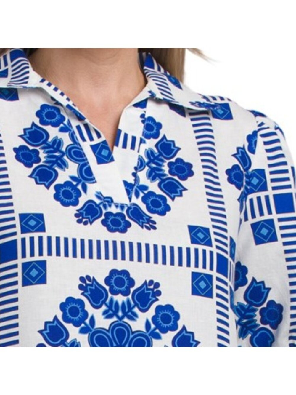 TERZO MILLENNIO Made In Italy Linen Blend Short Sleeve Tile Print Dress - Picture 3 of 4